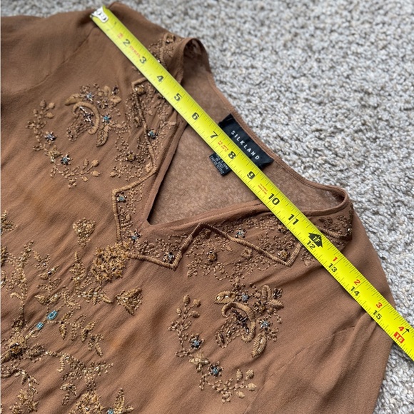 Vintage 100% Silk sheer tan fairycore boho Blouse Beaded Flutter Sleeves Top S - Picture 6 of 10